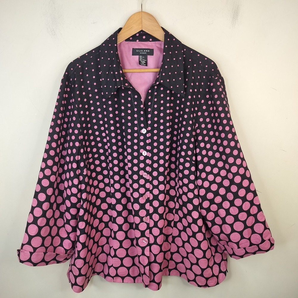 Silkland Polka Dot Shirt 3X Button Up Lined Career Retro Pink Black